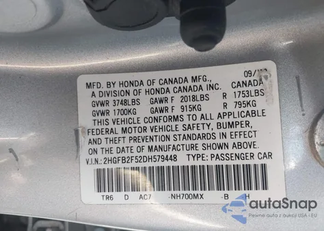 2013 Honda Civic Lx from USA, damaged, VIN 2HGFB2F52DH579448
